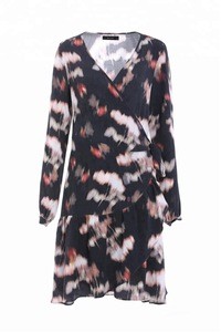 Fashion Women V-neck Overlap Abstract Digital Rayon Print with Lotus Leaf Hem Knee Length Rayon Warp Dress ,Ladies Dress