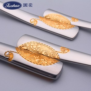 FDA Luxury Thick Handle Stainless Steel Travel Wedding Cutlery Long Handle Brass Flatware Set