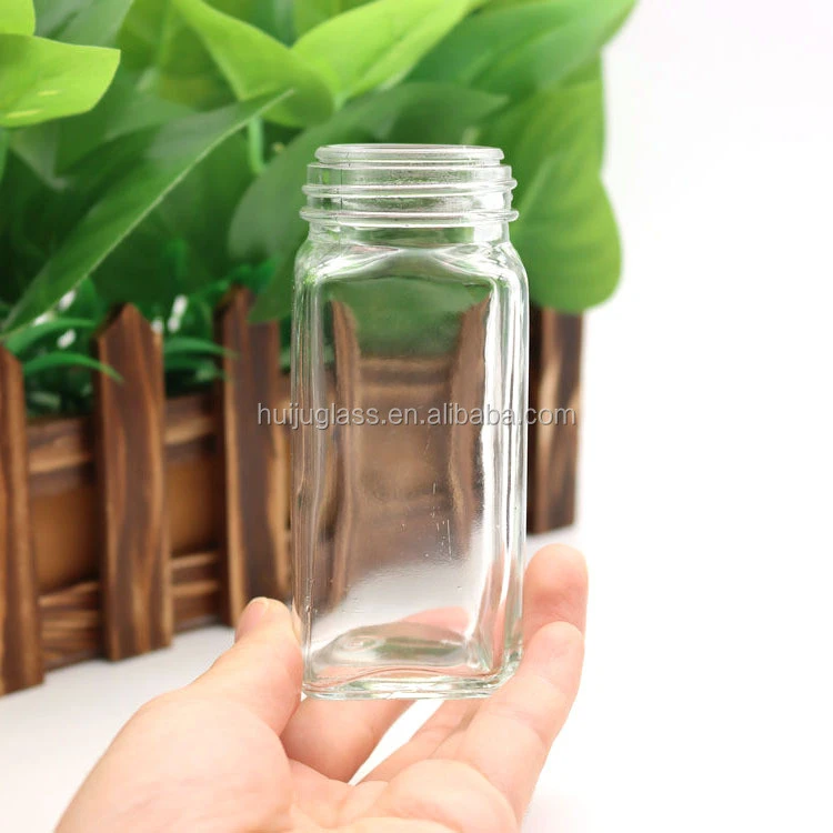 Glass Spice Jars Clear 4 fl Oz Empty Square Bottles w/ Pour/Sift & Coarse Shakers & Airtight Cap