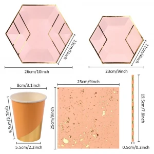 Glitter Pink and Gold Rimmed Dinner Plates Party Paper Cups Napkins Straws Set Disposable Wedding Tableware