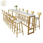 high end customized gold cocktail long bar table golden stainless steel marble top high counter bar table