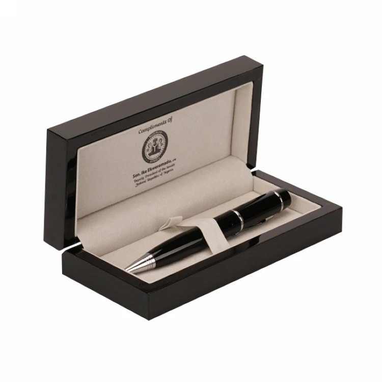 High-grade Luxury Custom Logo Black Glossy Lacquered Wood Pen Gift Packaging Box Display with Velvet Lining