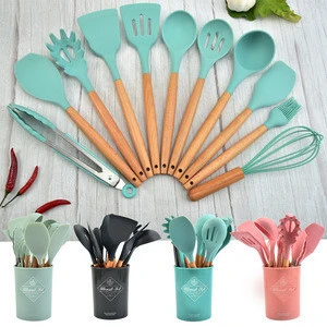 High Quality 12 Pieces silicone kitchen utensil set Stainless Steel Kitchenware With Wooden Handle