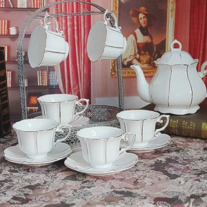 High Quality Tea Cup Sets 13 PCS Ceramic Tea Sets With Golden Edge Porcelain Tea Pot And Cups Set