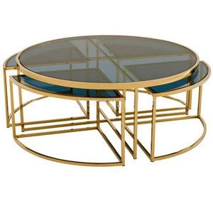 Hot Sell Temper Panel Gold Frame Modern Nordic Glass Top Round Coffee Table Sets For Living Room