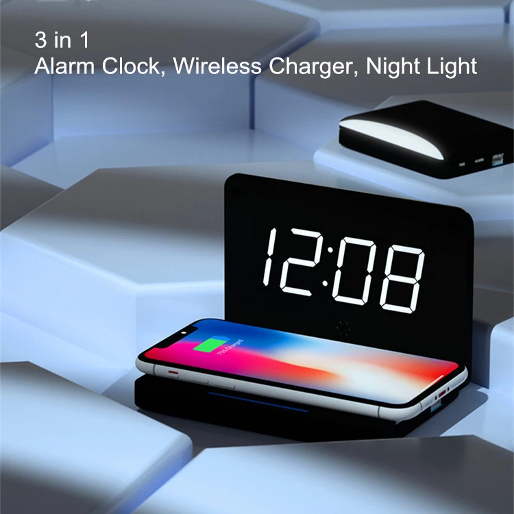 In Stock 10W Fast Qi Wireless Charger for Mobile Phone  LED Digital Display Foldable Alarm Clock
