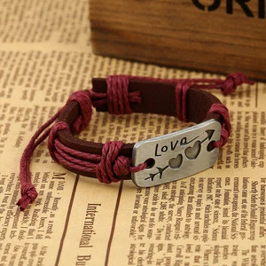 In Stock Fashion Love Metal Charm Braided Leather Bracelet For Lover