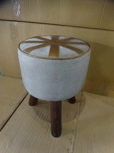 Industrial Leather Round Canvas with Wooden Legs Stool