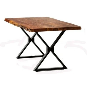 Industrial Vintage Live Edge Dining Table Top with X Design Finish Folding Metal Tube Legs Base Restaurant Dining Table