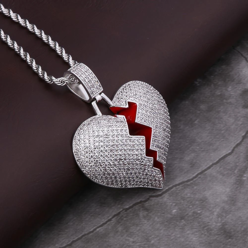 KRKC&amp;CO White Gold Iced Out Broken Heart Pendant Jewelry Hip Hop Jewelry for amazon/ebay/wish online store Agent in Stock