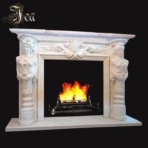 Life size indoor white marble stone fireplace mantel