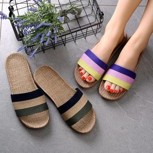 Linen slippers indoor slippers wooden cotton and linen home non-slip thick bottom summer sandals and flip flops