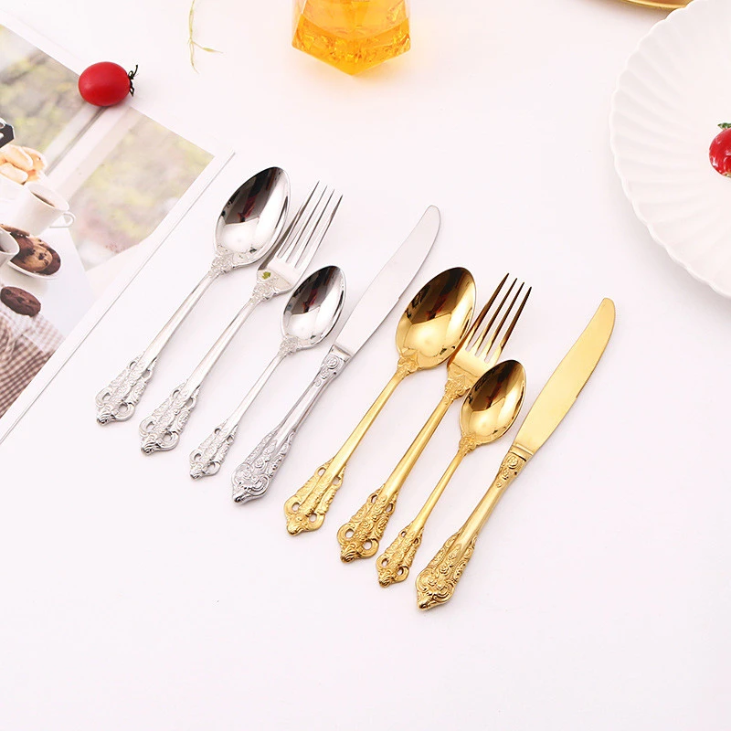 Luxury Dinnerware Metal reusable  eco friendly metal travel Tableware Knife Fork Spoon stainless steel gold cutlery set