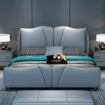 modern luxury bedroom furniture upholstered real leather italian bed with extended headboard king size grey leather bed