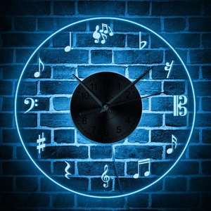 Musical Notes Acrylic Wall Clock Colorful LED Lighting Music Theme Decorative Wall Clocks 3D Watch 7Color Changing