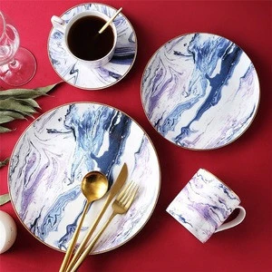 New mould handmade marble colorful fine fancy ceramic plates sets dinnerware  for restaurant