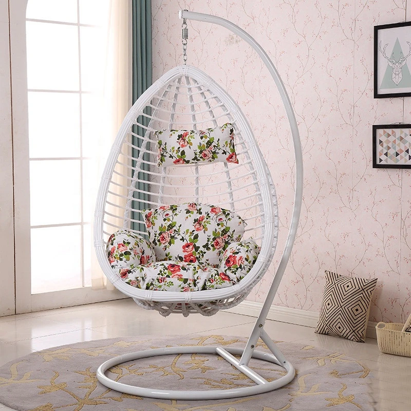 Outdoor Rattan Wicker Single Seat Hanging Egg Swing Chair Cradle Chair with Cushion Metal Pedestal