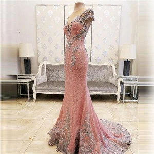 Real Image Long Evening Dresses 2017 Sexy Illusion Deep V-Neck Crystals Beaded Sheer Back Mermaid Evening Dress Formal Gown