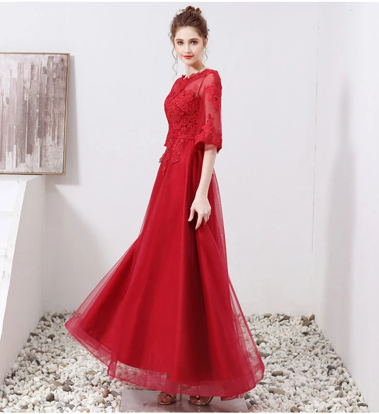 Red formal banquet wedding applique half sleeve tulle elegant lace evening dress