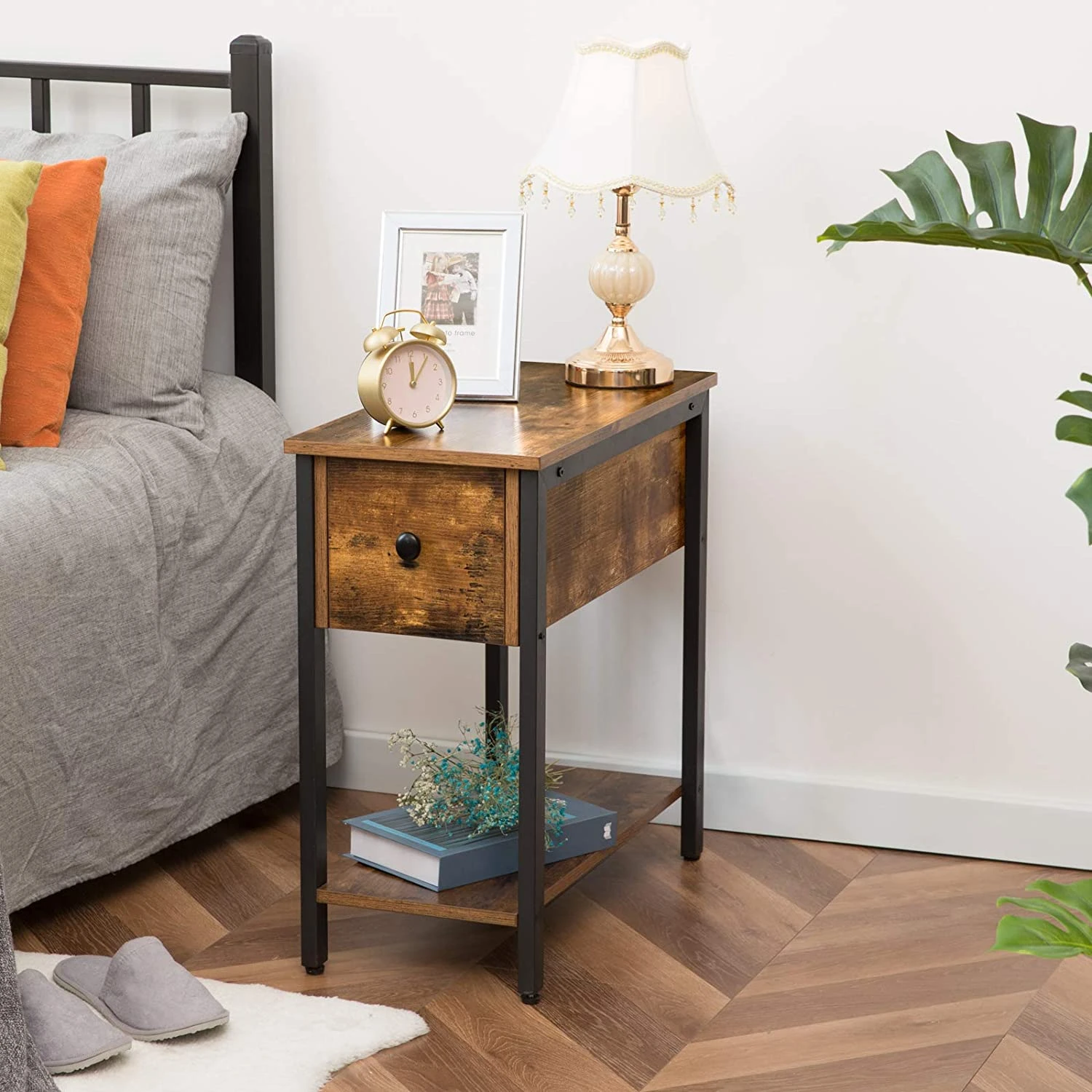 Small Spaces Mesa Auxiliar Pequena Dormitorio Sturdy Wood Rustic Brown And Black Bed Side Table With Drawers