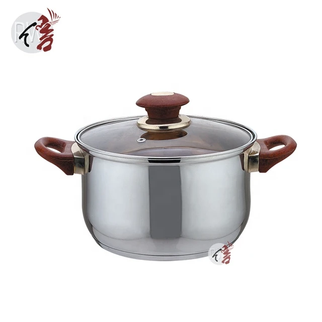 Stainless Steel Cookware Set with Brown Tempered Glass Lid Wooden Color Bakelite Handle Nonstick