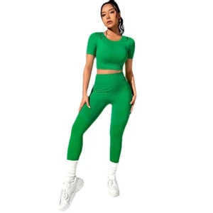 Summer Green Yoga Set Women Workout Sports Short Sleeve Crop Top High Waist Gym Scrunch Leggings Fitness Gym Push Up Pants Set