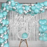 Tiffany blue birthday party decoration set with silver happy Birthday balloon banner