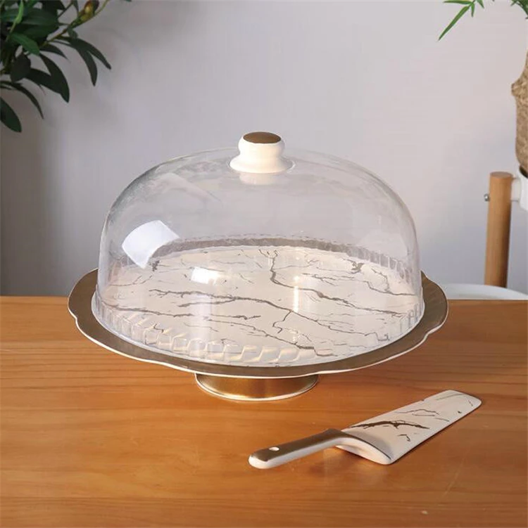 Wedding used luxury gold edge ceramic marble cake stand with plastic cover and server