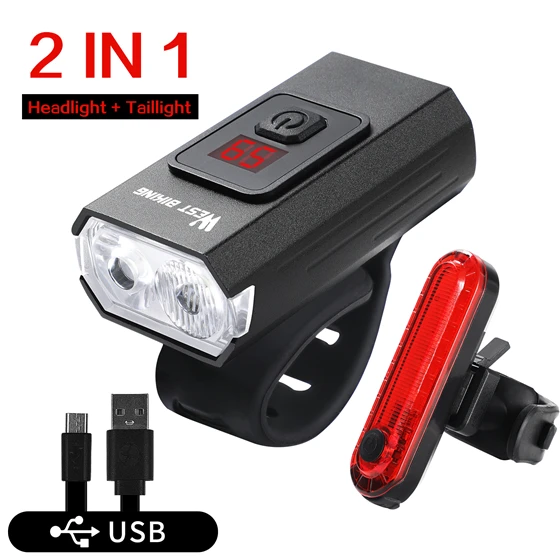 WEST BIKING USB Double T6 Beads Bike Front Light And Bell Sets Cycling Universal Headlight Led Rechargeable Bicycle Light Set