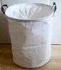 white color canvas fabric laundry hamper with drawstring cloth ,white color storage basket with PU handle ,laundry bag