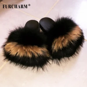 Wholesale fur slides sandals soft fox and racoon fur slippers women