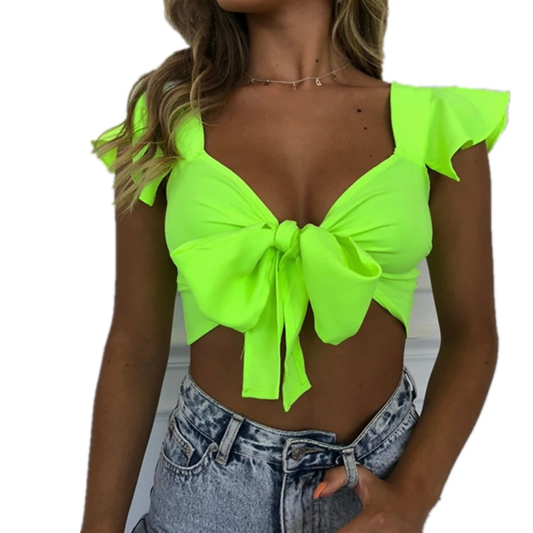 Wholesale summer new tie with bow tie ruffled sleeveless women&#x27;s T-shirt two color for choice