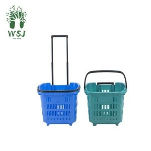 WSJ 20L lever handle portable grocery blue plastic shopping basket with wheels
