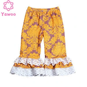 Yawoo hot sale new leaf print kids girls lace ruffle pants wholesale baby pants
