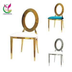 Yichuang stackable gold /silver hollow back stainless steel wedding dining chair with white PU leather for event party