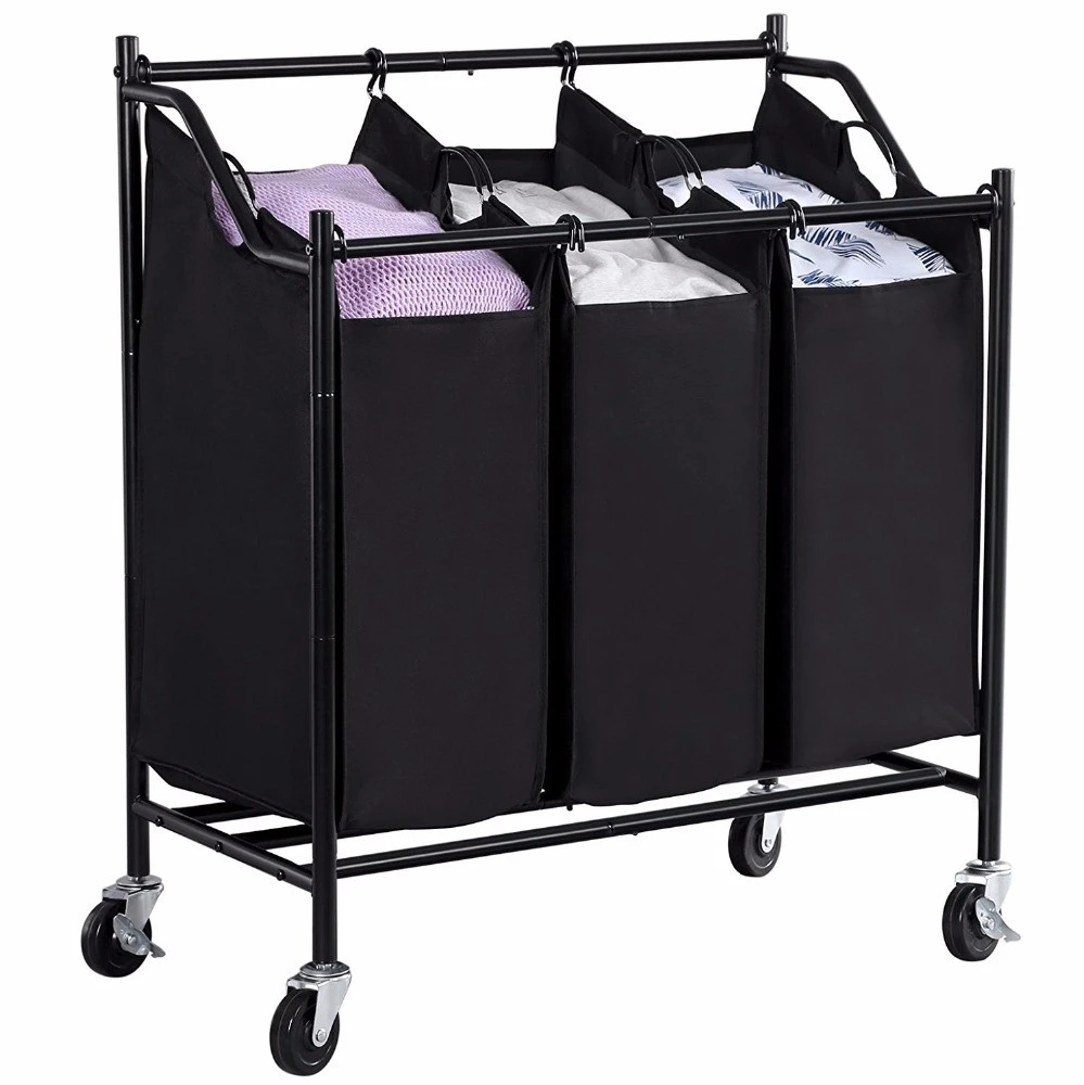 Zhencan wholesale 3 compartment home storage organizer laundry sorter cart laundry basket with wheels