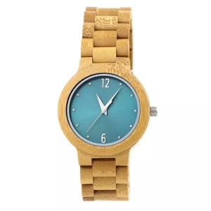 Womens  wrist watch blue dial custom gold engraved Logo wood bamboo watches