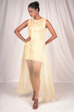Yellow hued organza dress with gold sequin highlights