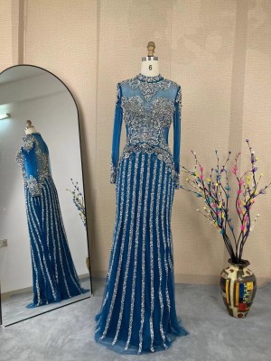 New Design Floor Length Blue Formal Evening Party Wear Prom Dresses Long Sleeves