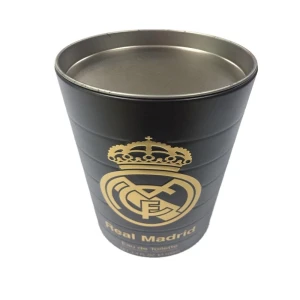 Round shape embossed football spray tea coffee milk matte black & sliver tin box with plug lid