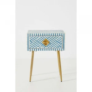 Blue Optical Bone Inlay Bedside Table| Brass fittings