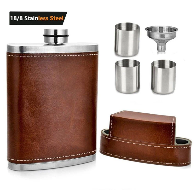 100% Leak Proof 8 Oz Pocket Hip Flask with Funnel - Stainless Steel, Leather Wrapped Cover