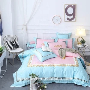 2019 new stitching blue and white ribbon American cotton embroidery bedding Boho Home Textile 100% Egyptian Cotton Bedding Set