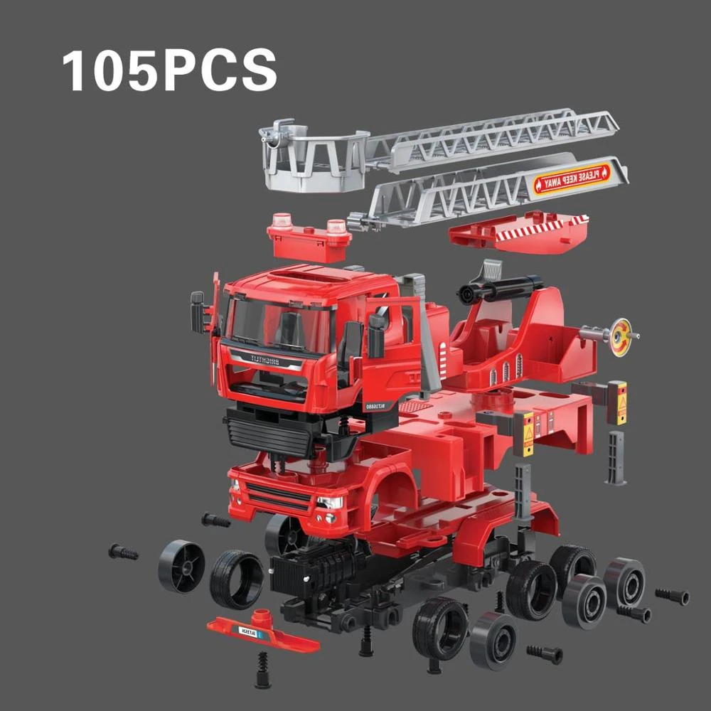 2020 new intelligent toy wholesale  1/22 DIY toy assembly l rescue fire  truck  with extending ladder flashing lights and sound