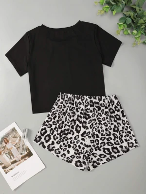 2021   Women Pajamas   & Label Cute Short Sleeve Sundays Are You Sleeping Leopard Print Top Selling Women Sleepwear