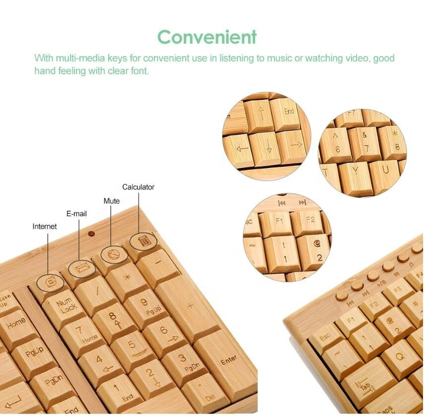2.4G Wireless Bamboo PC Keyboard and Mouse Combo Computer keyboard Mice Office Handcrafted Natural Wooden Plug and Play.