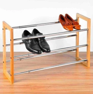 3 Tier Expandable Shoe Rack -Stackable - Natural Wood and Chrome
