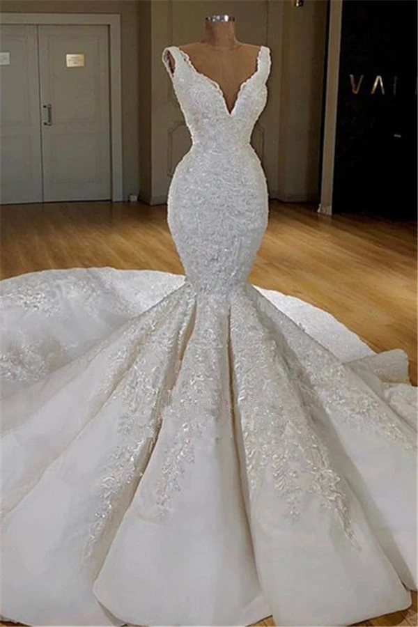 African Mermaid Lace Wedding dress Online Sleeveless Puffy Bridal Gowns Brand  African Wedding Gown Fishtail Bridal Dress