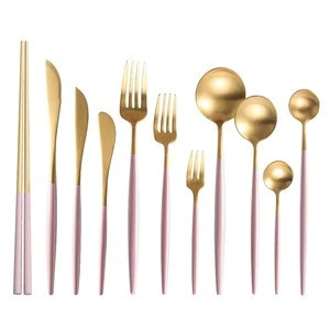 Amazon wholesale new items  hot selling Korean silverware 4 pcs hotel restaurant flatware rose gold silver black plated cutlery