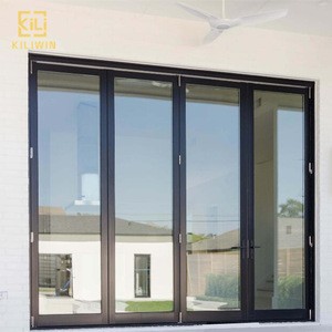 American balcony exterior black frame soundproof insulated double glass impact aluminum accordion bi folding sliding door